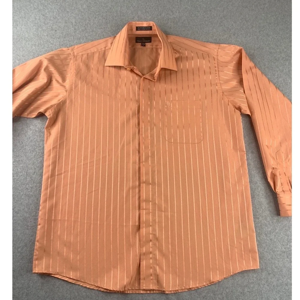 Stacy Adams‎ Dress Shirt Mens L 16-16.5 Peach Orange Striped Long Sleeve Pocket